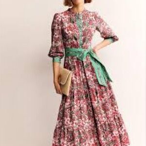 Boden Red and Green Ruffled Tiered Long Sleeve Dress